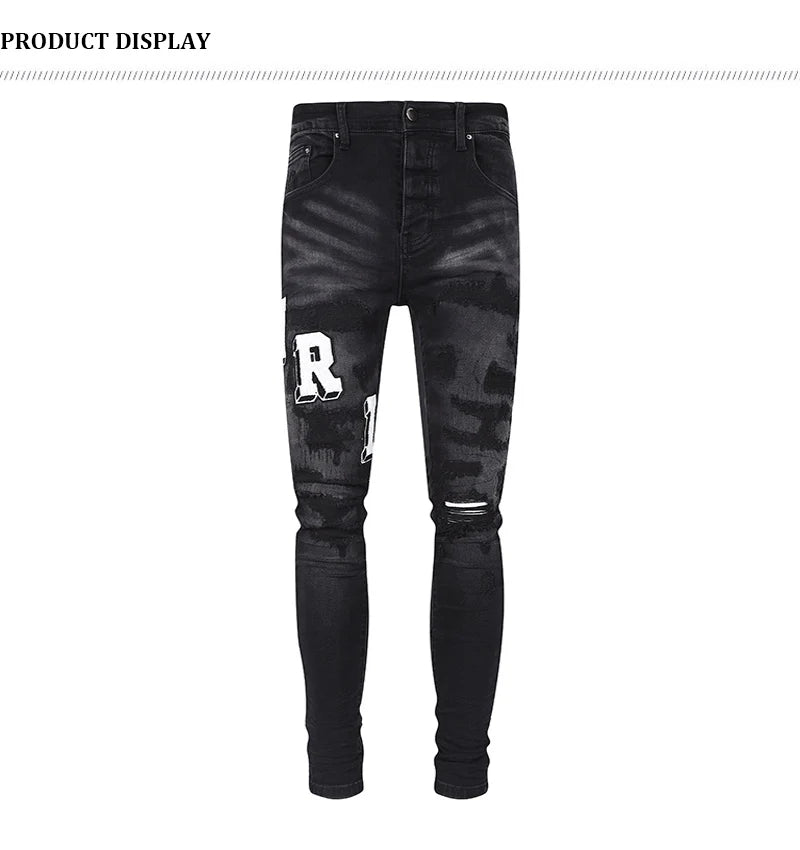 Designer High Street Fashion Men's Retro Black Jeans Stretch Slimming Ripple Jeans Men's Hip Hop Brand Pants Hombre