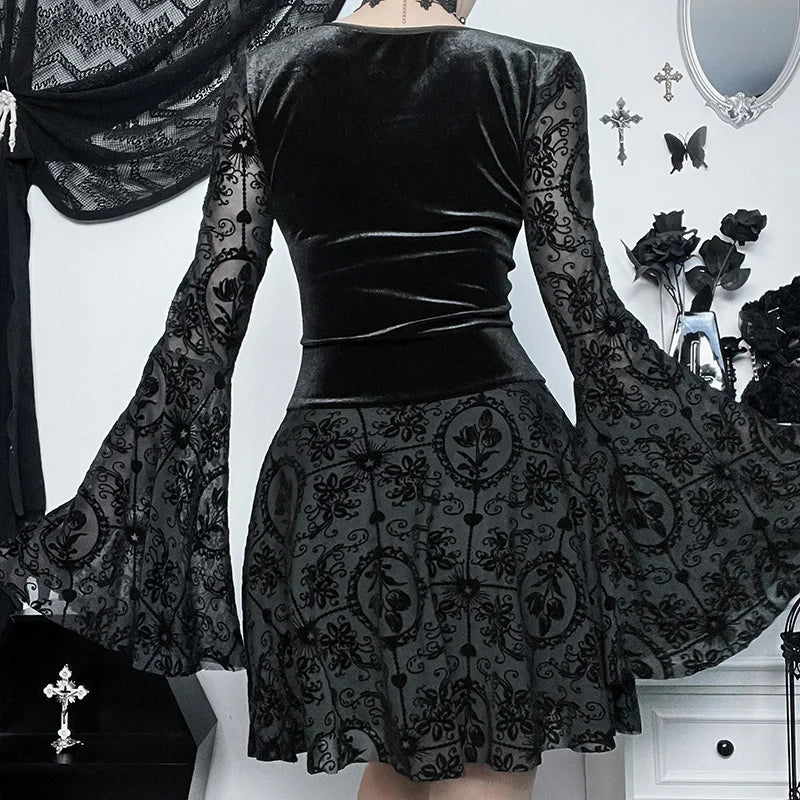 InsGoth Gothic Long Sleeve Ruffle Mini Dress Women's Vintage V Neck Velvet Stretchy Bodycon Cocktail Dresses Victorian Blouse