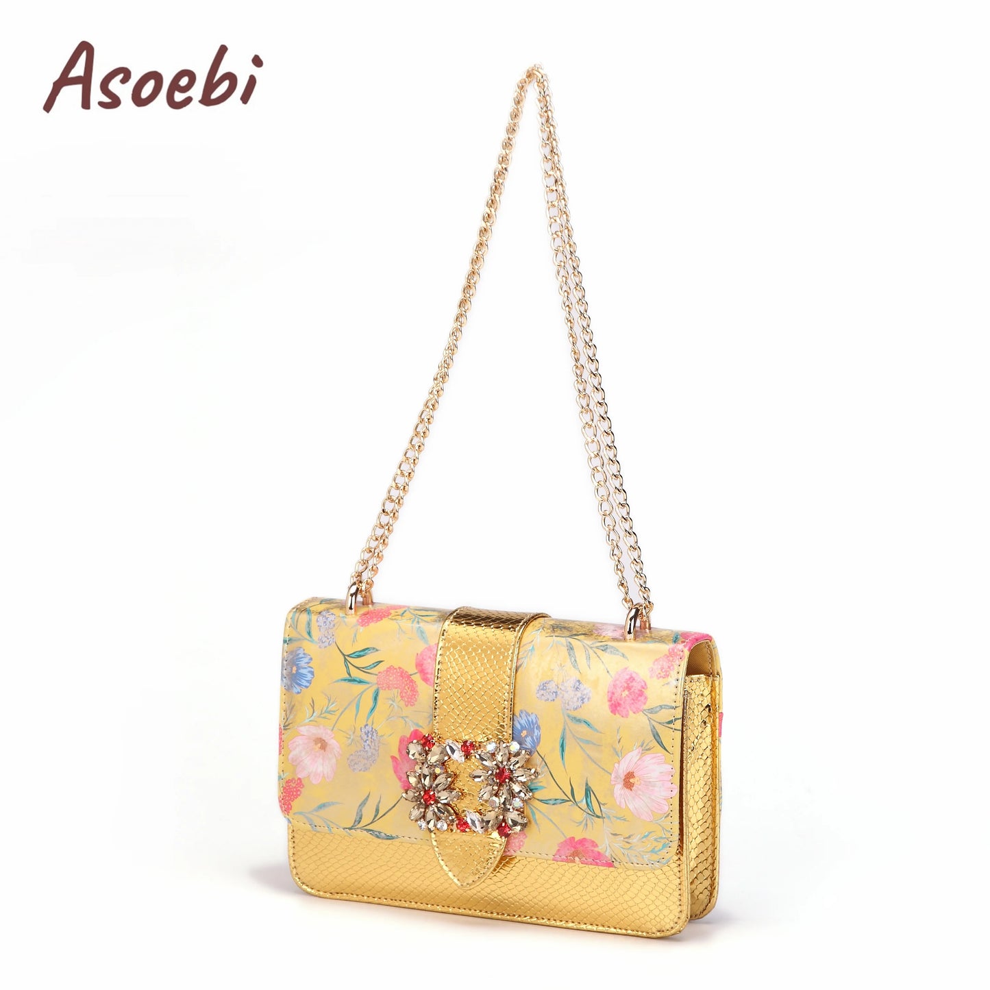 Women High Heels Sandals Printing Flower Material with Rhinestone Italian Design Coffee Color Pointed Toe Shoes and Bags Set