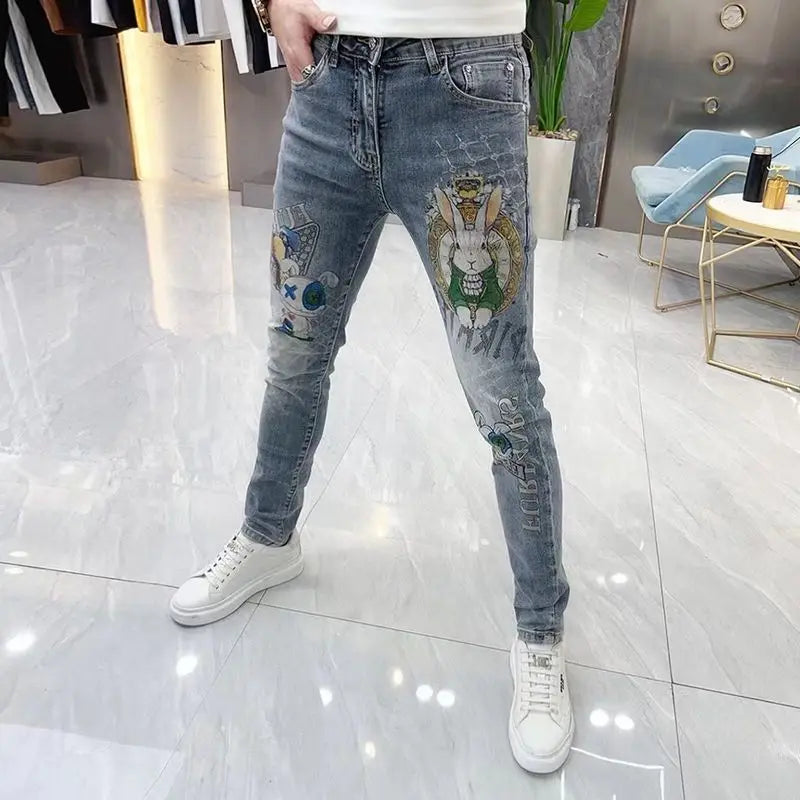High-end European Korean Men's Slim Fit Jeans with Tiger Diamond Print for Casual Wear Spring Autumn Stretch Luxury Clothing Men