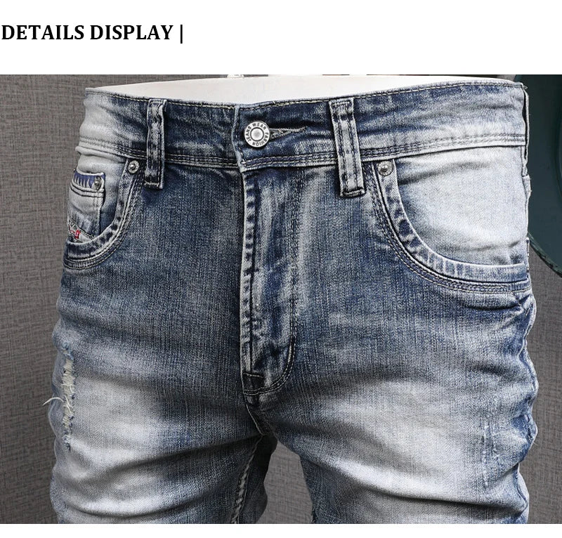 Fashion Designer Men Jeans Retro Light Blue Stretch Slim Fit Printed Ripped Jeans Men Hole Trousers Vintage Casual Pants Hombre