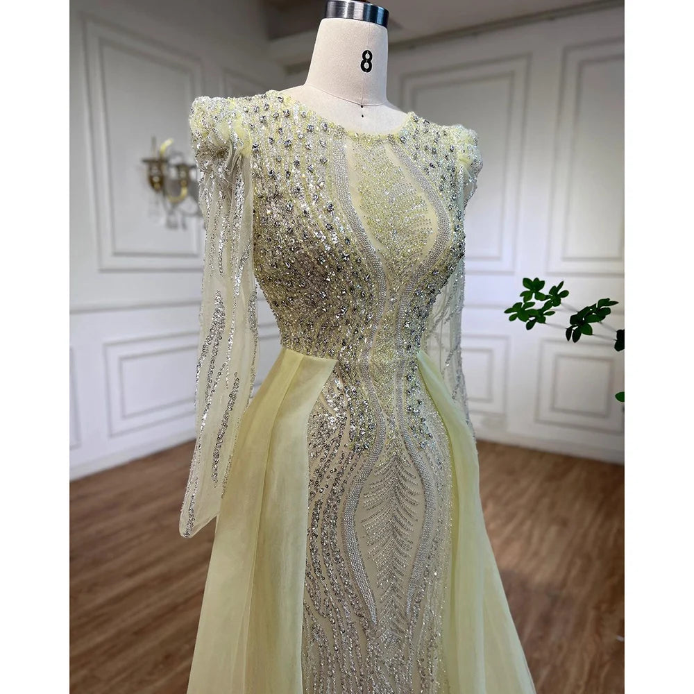 Serene Hill Muslim Blue Mermaid Over Skirt Evening Dresses Beads Puff Shoulder Prom Formal Gowns 2024 For Women Party LA72030