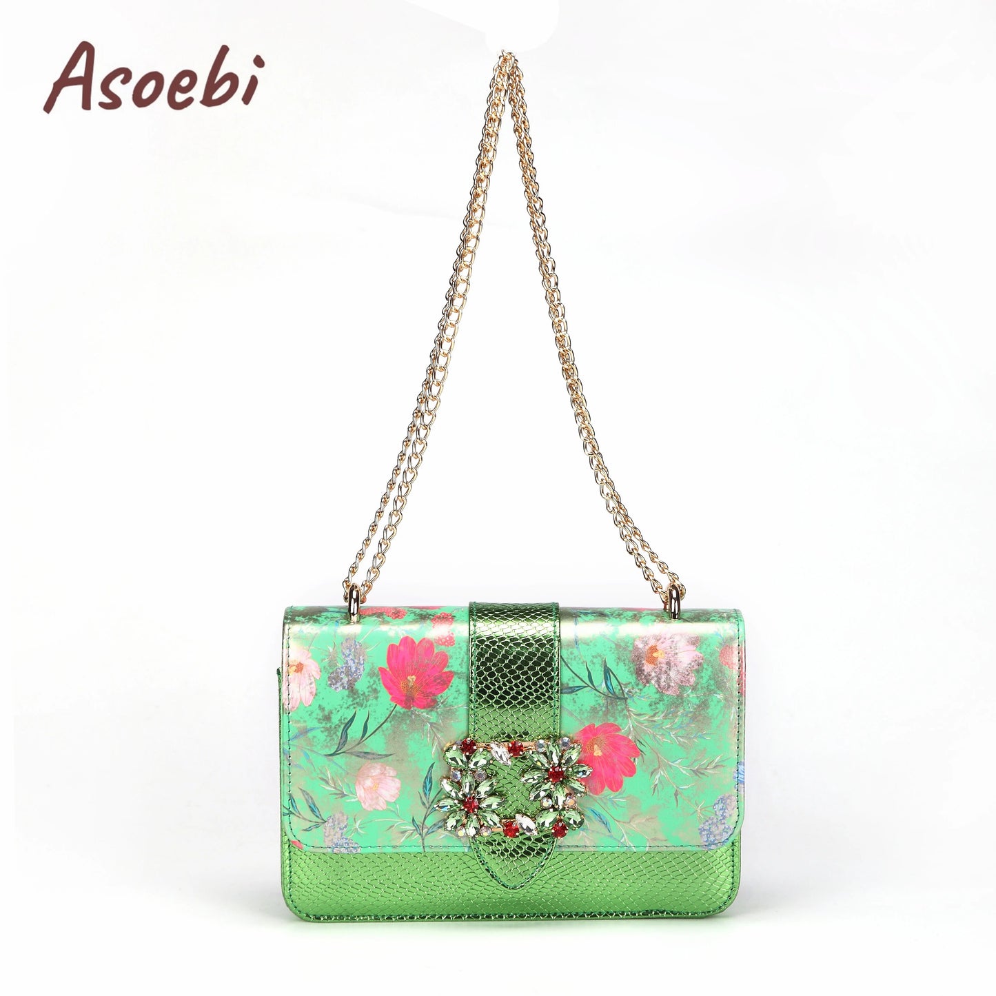 Women High Heels Sandals Printing Flower Material with Rhinestone Italian Design Coffee Color Pointed Toe Shoes and Bags Set