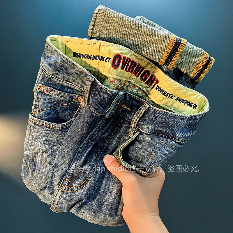 Light Luxury Jeans for Men 2024 Autumn Retro Distressed Casual Trousers Fashion Street Skinny Denim Pants
