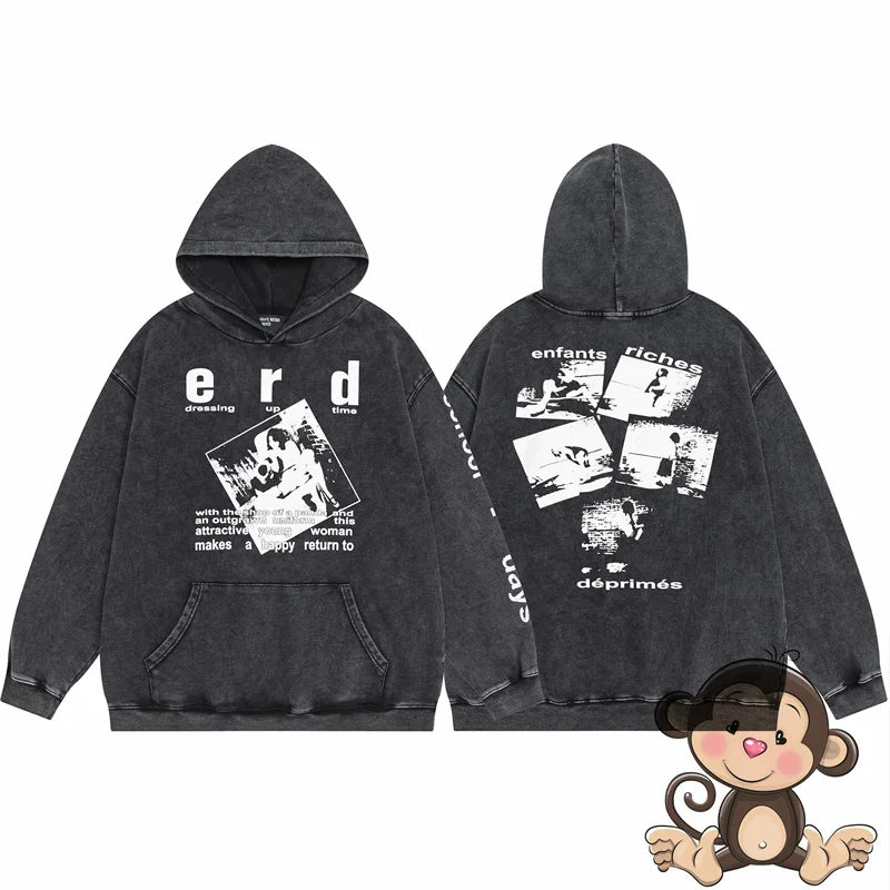 Retro washed black ERD hoodie loose casual men's and women's sportswear