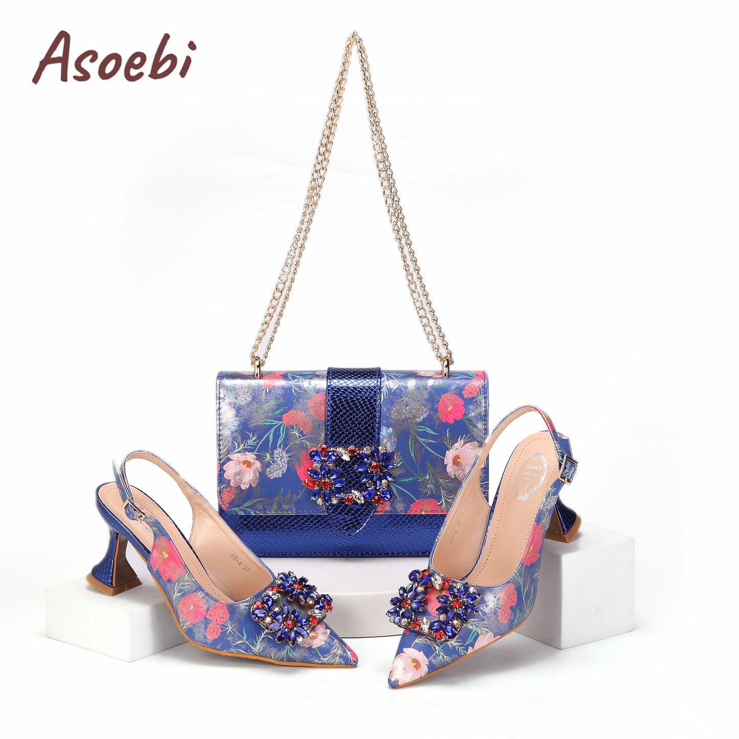 Women High Heels Sandals Printing Flower Material with Rhinestone Italian Design Coffee Color Pointed Toe Shoes and Bags Set