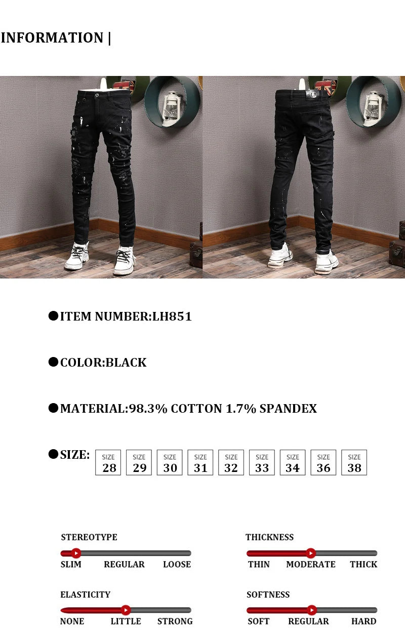 Streetwear Fashion Men Jeans Black Color Stretch Elastic Slim Fit Painted Ripped Jeans Men Patch Designer Hip Hop Pants Hombre