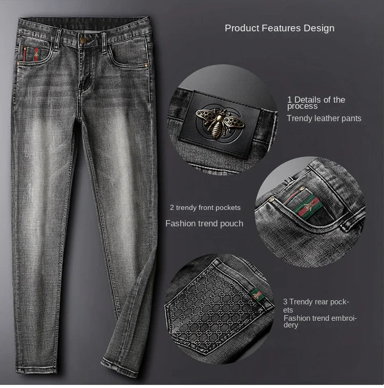 Smoky gray jeans men's affordable luxury fashion stretch slim-fitting small straight street trend high-end quality denim pants
