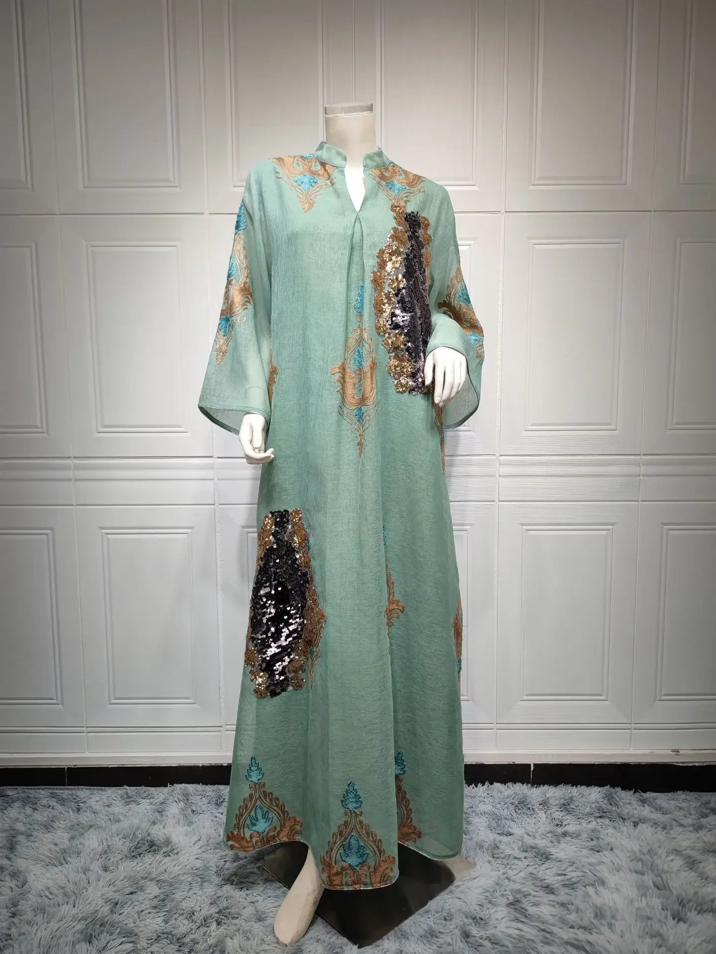 Mesh Sequins Embroidered Abaya Dress for Women Winter 2024 Middle East Arab Oman Dubai Muslim Moroccan Caftan Party Clothes Eid