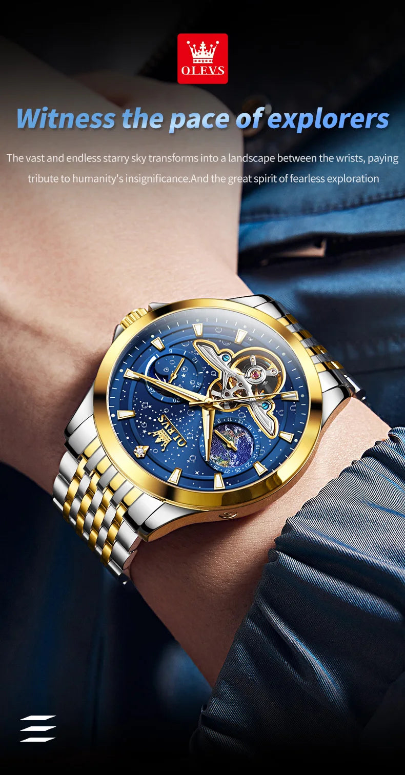 OLEVS Luxury Brand Men's Watches Luminous Waterproof Fully Automatic Mechanical Watch Starry Sky Dial Moon Phase Hollow Out