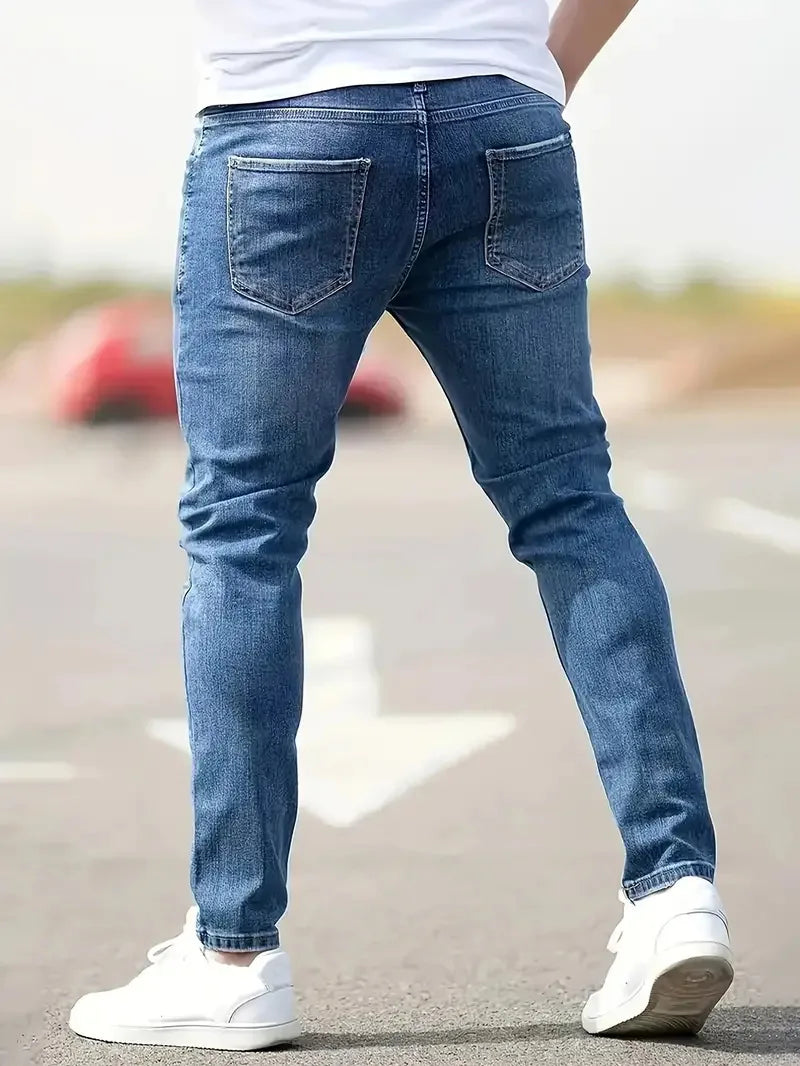 Distressed Men Jeans Denim Holes Skinny Vintage Wash Solid Pencil Pants 2024 Ankle Length Sheath Punk Style Pockets Slim