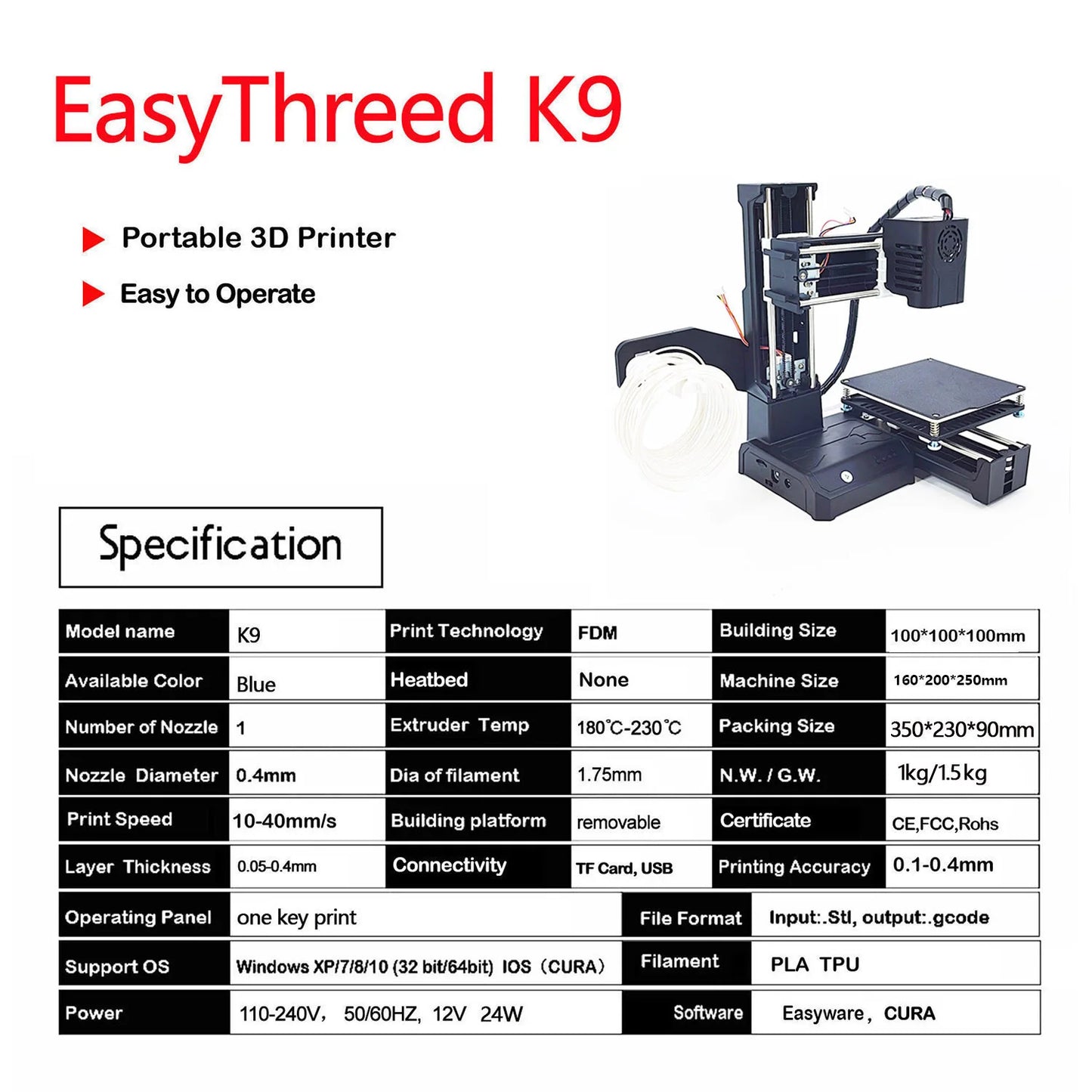 Small 3D Printer K9 Supper Mini Desktop 10*10*10cm No Heated Bed One-Key Printing with TF 3D Printer Machine Gift EasyThreed