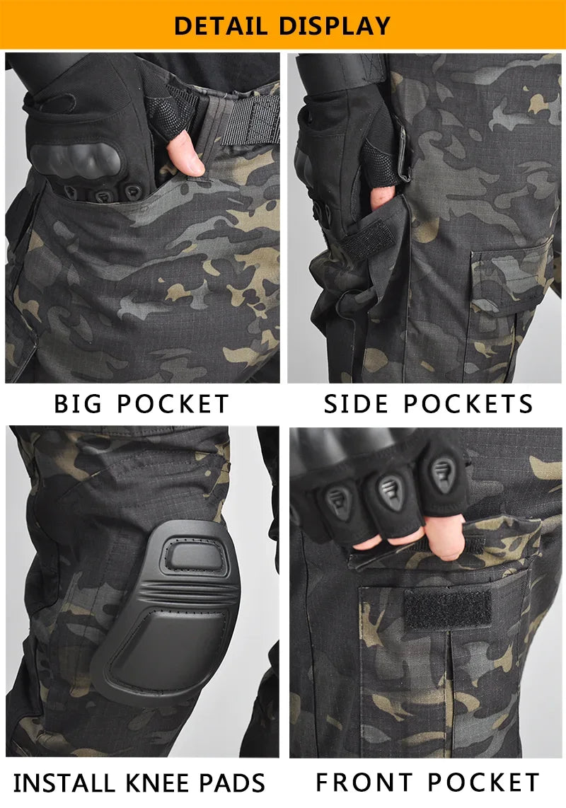 Outdoor Paintball Tactical Suits Uniform Camo Hunting Pants with Pad Airsoft Clothes Sets Combat Shirts with Hood Wear Resistant