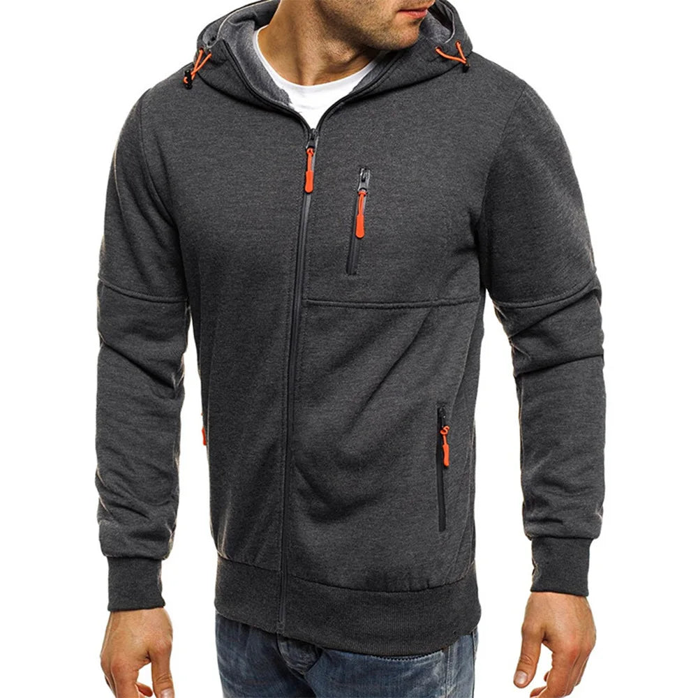 Spring Autumn New Solid Color Hooded Drawstring Long Sleeve Sweatshirts Man Fashion Zipper Pockets Street All-match Cardigan