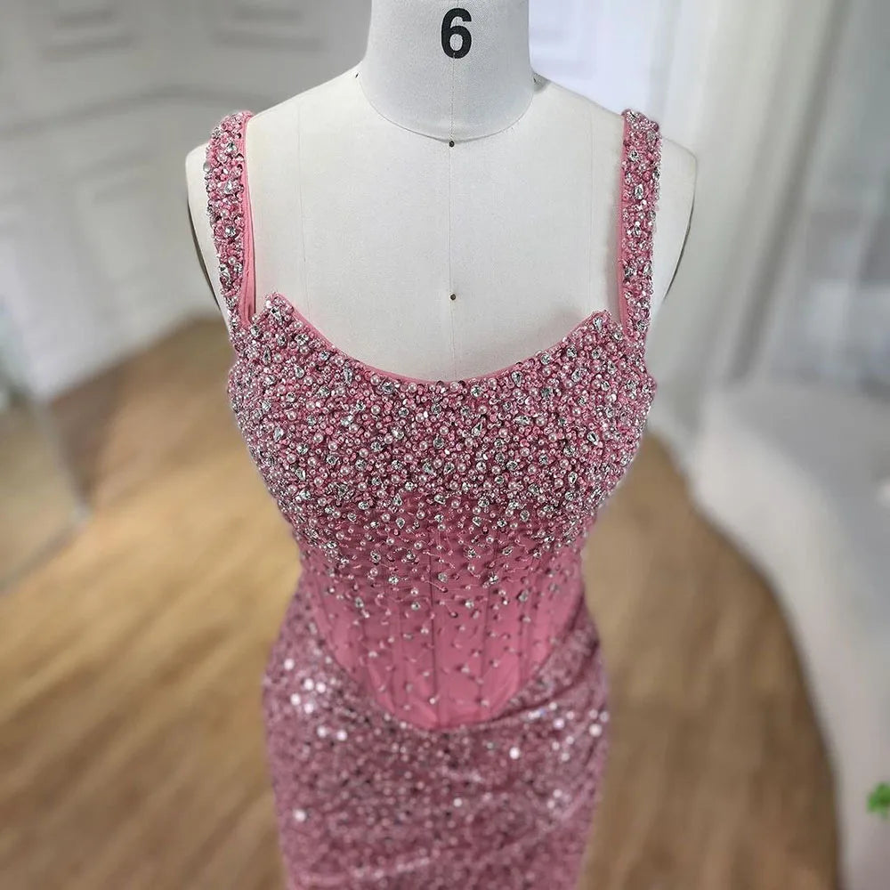 Serene Hill Beige Mermaid Floor Length Evening Gowns Luxury Beaded Crystal Spaghetti Strap Party Drsses For Women 2024 LA72163