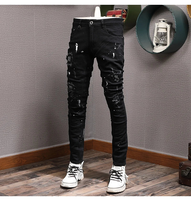 Streetwear Fashion Men Jeans Black Color Stretch Elastic Slim Fit Painted Ripped Jeans Men Patch Designer Hip Hop Pants Hombre