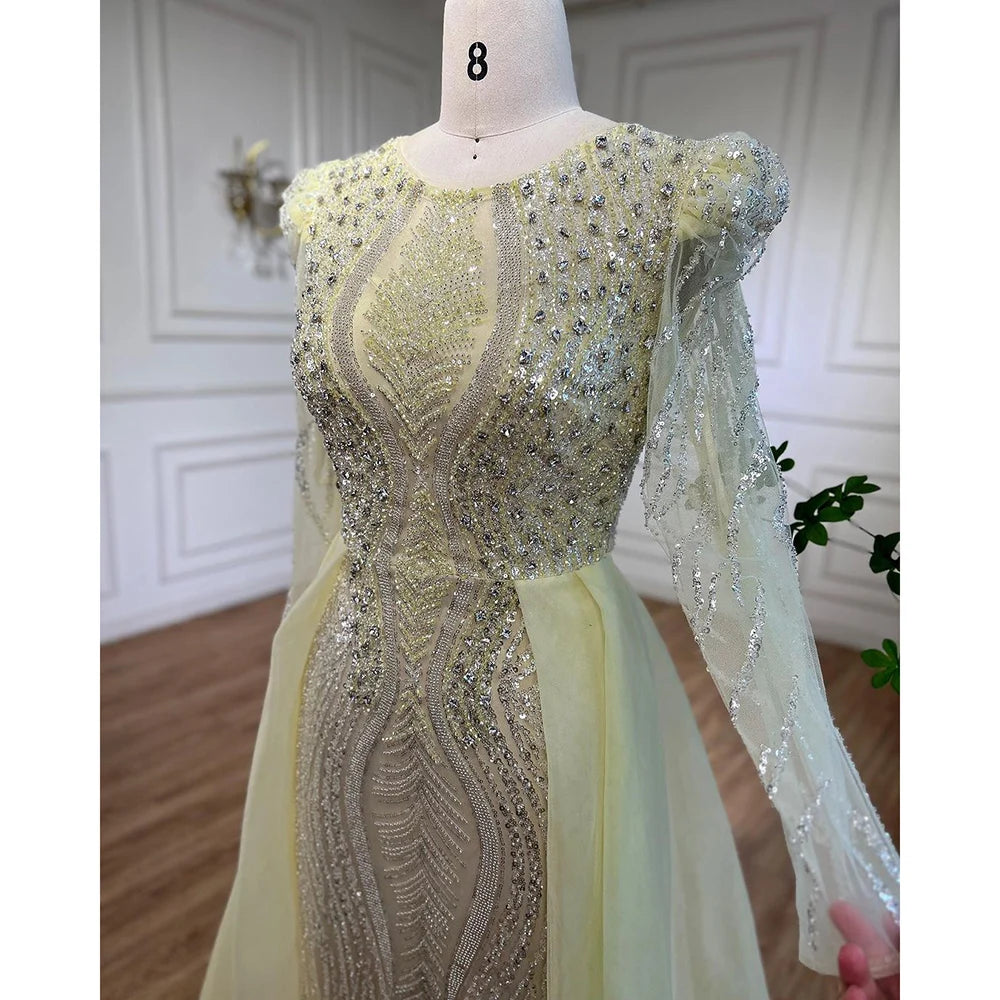 Serene Hill Muslim Blue Mermaid Over Skirt Evening Dresses Beads Puff Shoulder Prom Formal Gowns 2024 For Women Party LA72030