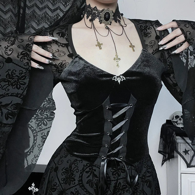 InsGoth Gothic Long Sleeve Ruffle Mini Dress Women's Vintage V Neck Velvet Stretchy Bodycon Cocktail Dresses Victorian Blouse