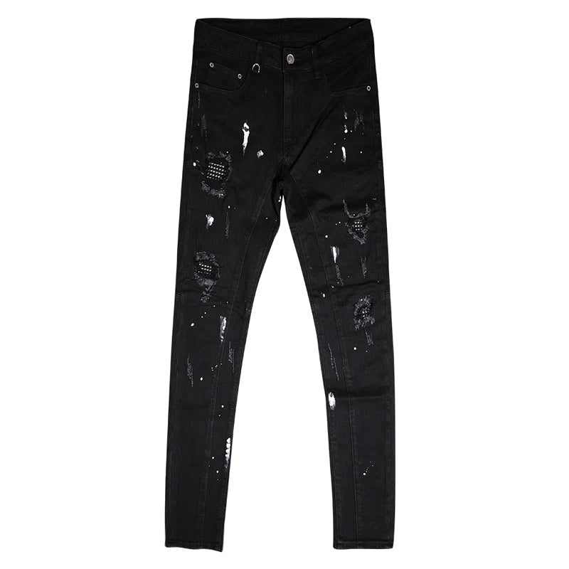 Streetwear Fashion Men Jeans Black Color Stretch Elastic Slim Fit Painted Ripped Jeans Men Patch Designer Hip Hop Pants Hombre