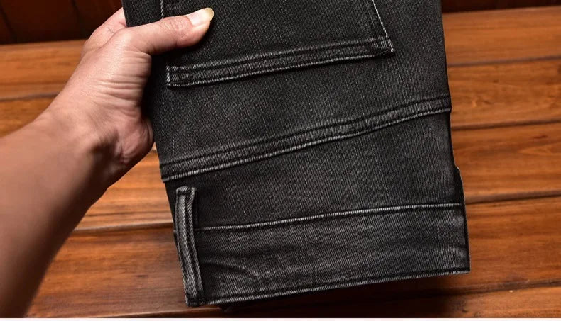 Motorcycle Jeans Black and Gray for Men 2024 Fashion Rock Skinny Pants Personality Stitching Vintage Men's Skinny Trousers
