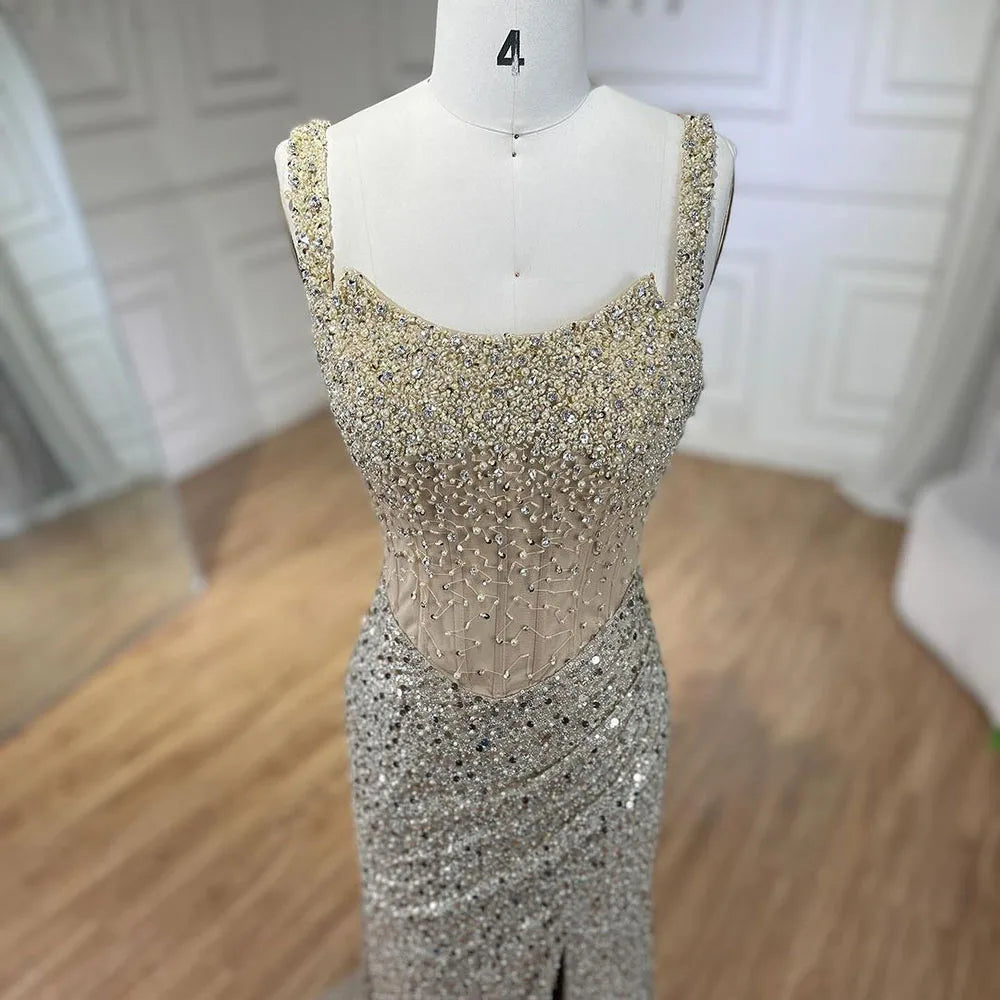 Serene Hill Beige Mermaid Floor Length Evening Gowns Luxury Beaded Crystal Spaghetti Strap Party Drsses For Women 2024 LA72163