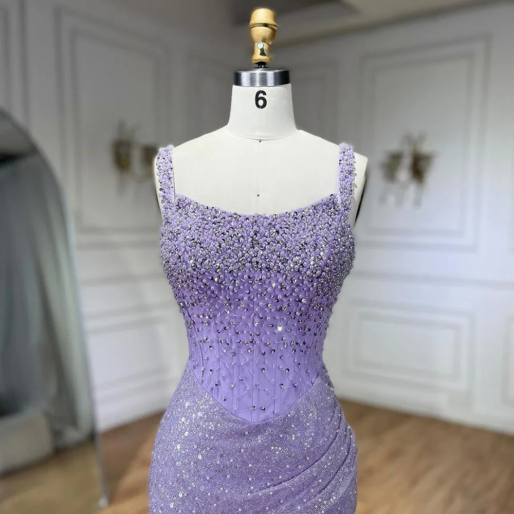 Serene Hill Beige Mermaid Floor Length Evening Gowns Luxury Beaded Crystal Spaghetti Strap Party Drsses For Women 2024 LA72163