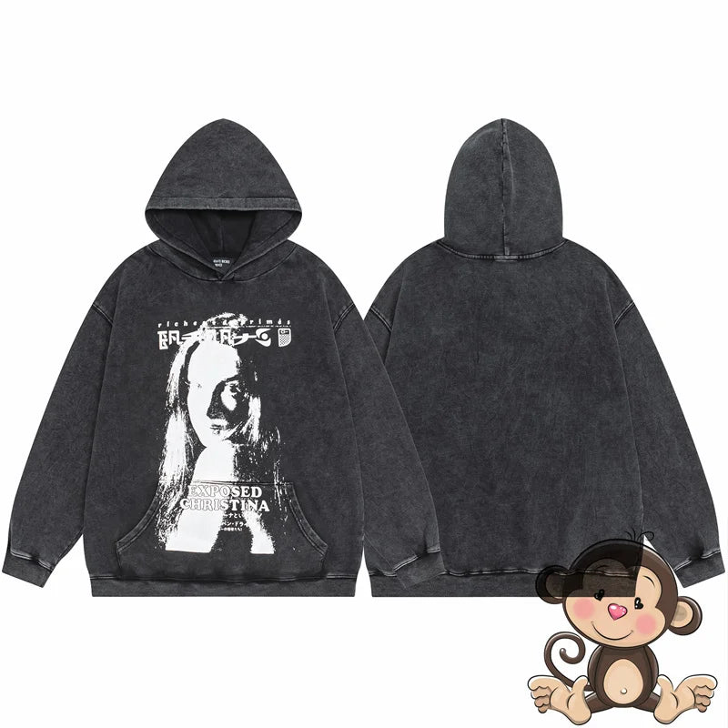 Retro washed black ERD hoodie loose casual men's and women's sportswear