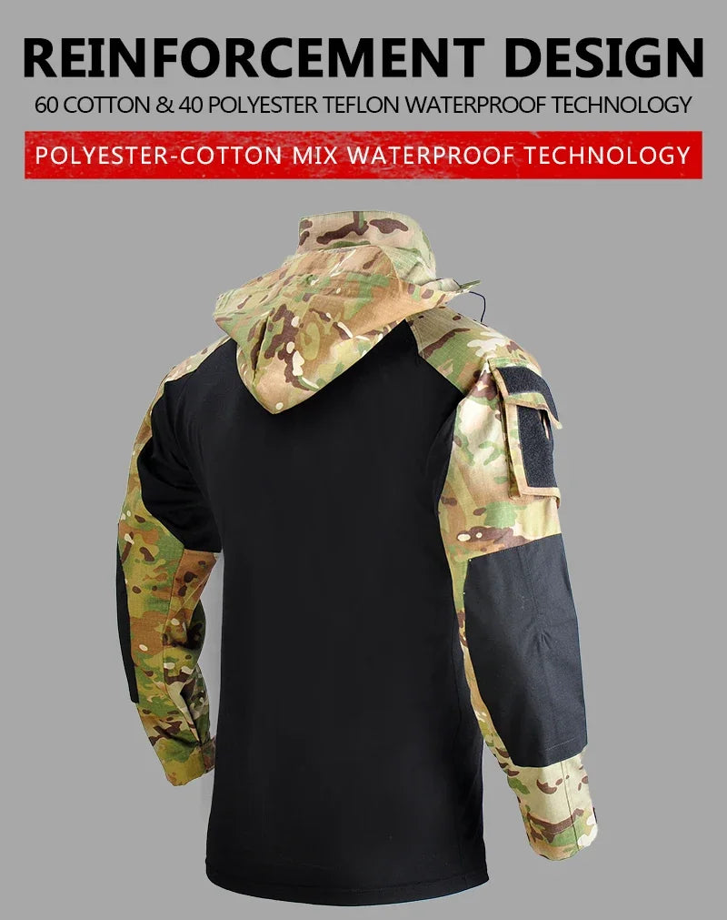 Outdoor Paintball Tactical Suits Uniform Camo Hunting Pants with Pad Airsoft Clothes Sets Combat Shirts with Hood Wear Resistant