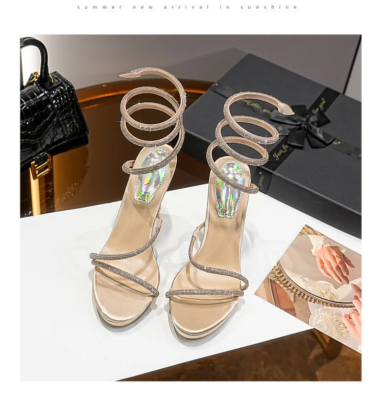 Summer new round toe waterproof table snake-shaped rhinestone women's shoes thin high-heeled banquet dress versatile sexy sandal