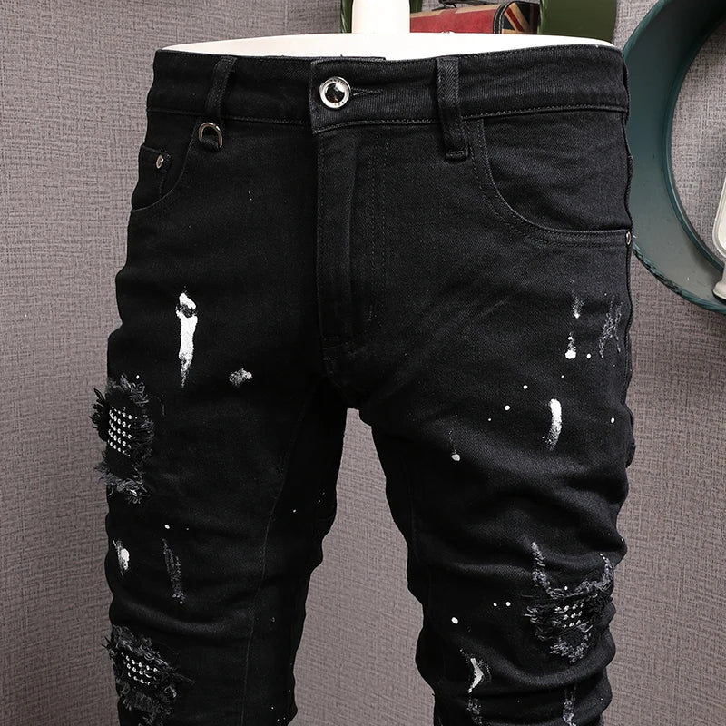 Streetwear Fashion Men Jeans Black Color Stretch Elastic Slim Fit Painted Ripped Jeans Men Patch Designer Hip Hop Pants Hombre