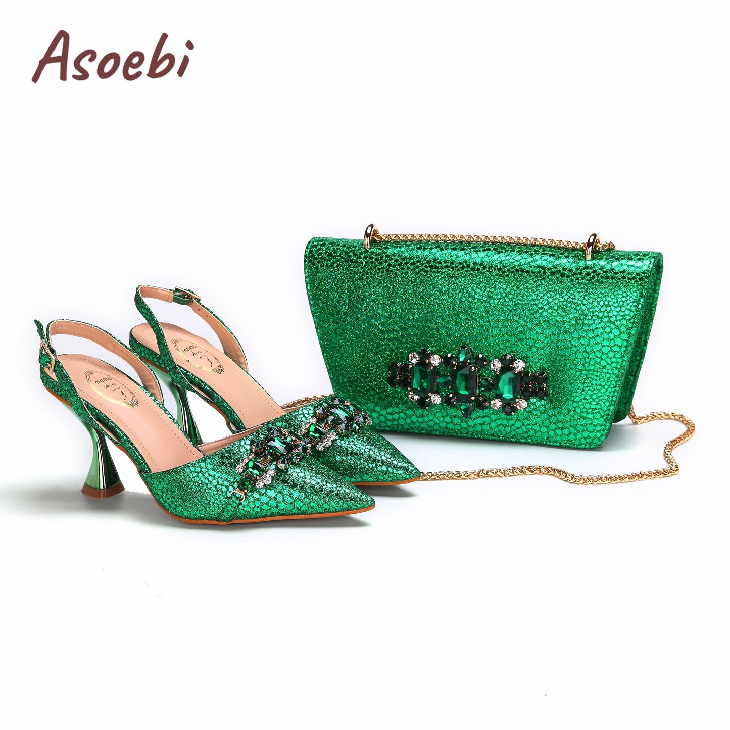 Gold Sandals for Women 2024 Luxury Wedding Pumps High Heels Rhinestone Design Party Shoes and Bags Set for Wedding Party