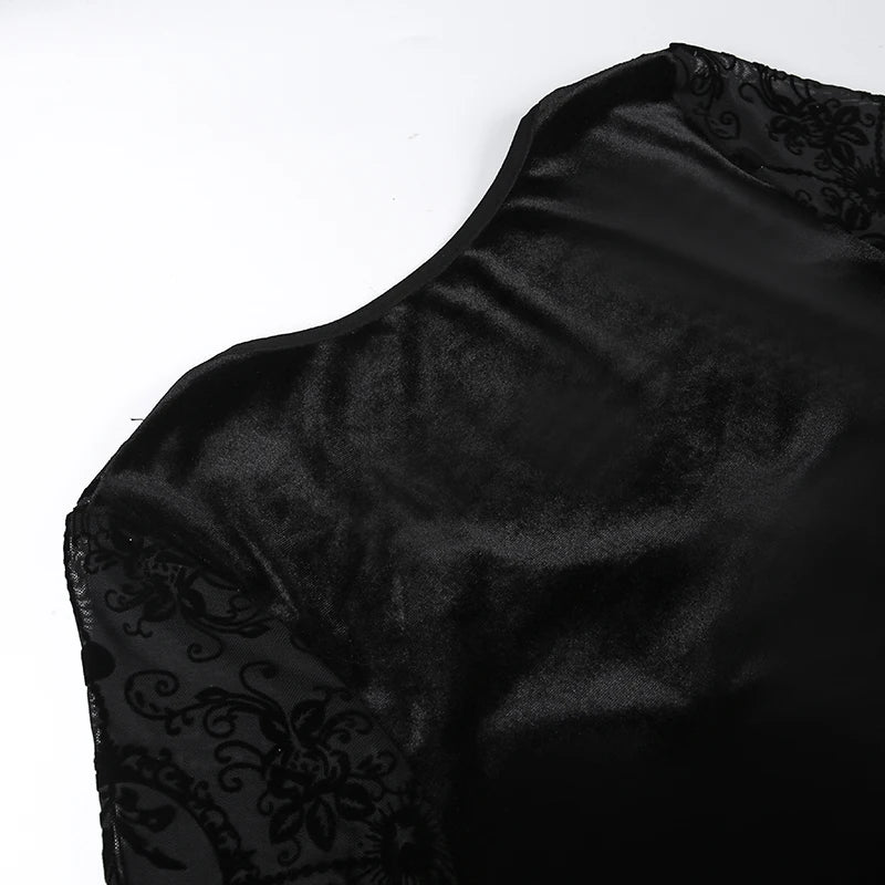 InsGoth Gothic Long Sleeve Ruffle Mini Dress Women's Vintage V Neck Velvet Stretchy Bodycon Cocktail Dresses Victorian Blouse