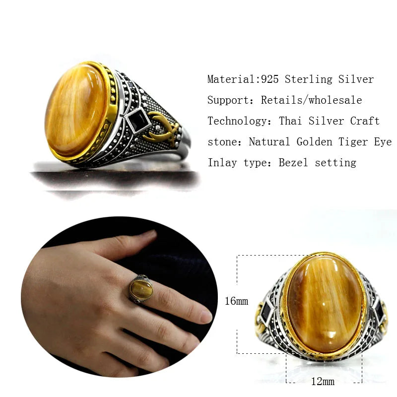 S925 Sterling Silver Natural Gold Tiger Eye Türkiye Men's Handmade Ring Religious Muslim Islamic Women Christmas Jewelry Gift