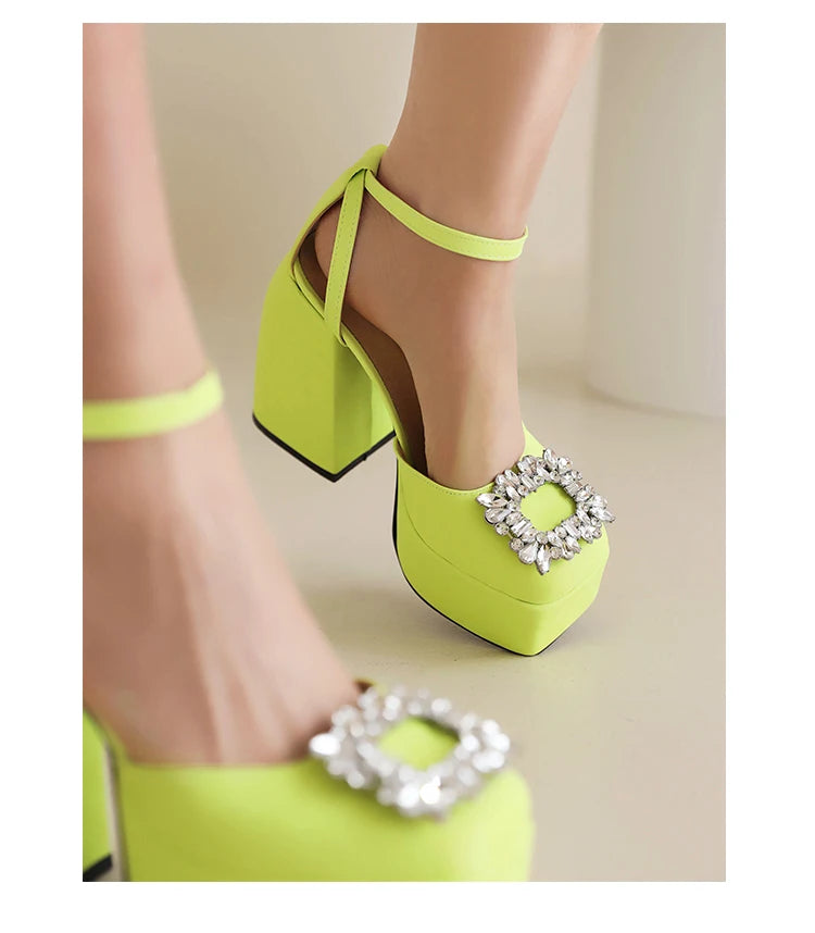Plus Size Square Toe Super High Thick Heel Rhinestone Decal Hollow Sexy Women's Sandals Satin Fabric Ankle Strap Platform Sandal