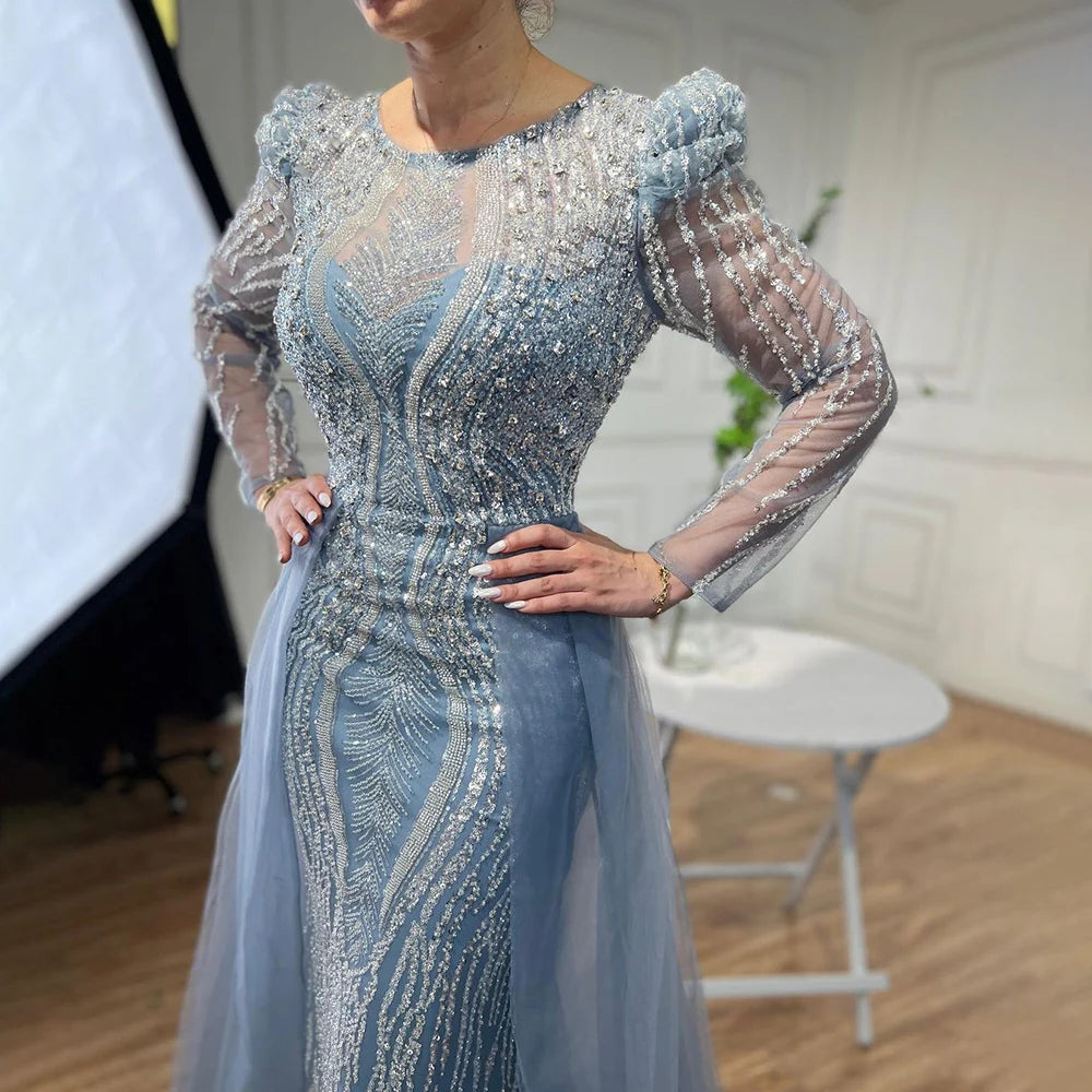 Serene Hill Muslim Blue Mermaid Over Skirt Evening Dresses Beads Puff Shoulder Prom Formal Gowns 2024 For Women Party LA72030