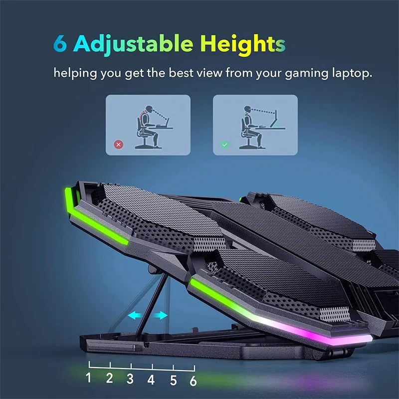 Laptop Cooler Cooling Pad 6 Fans Rgb Laptop Cooling Stand Cooler Radiator Base Notebook Holder with LED Phone Expansion Holder