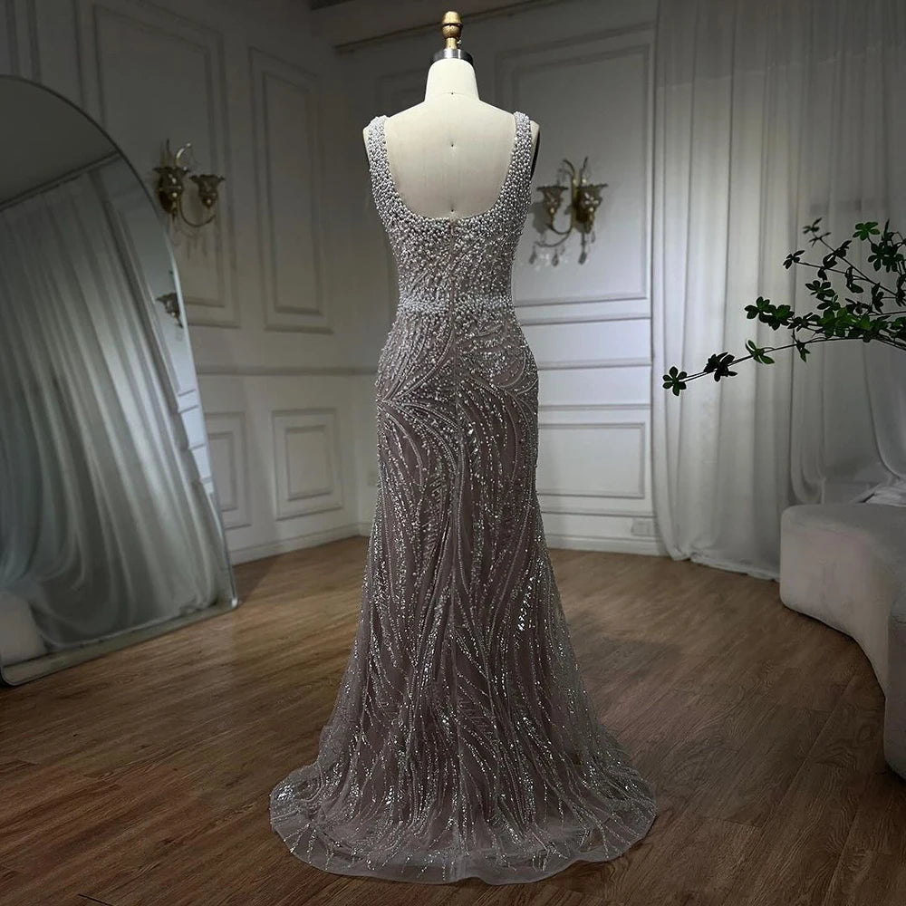 Serene Hill White Nude Spaghetti Strap Mermaid Evening Dresses Gowns Luxury Pearls Beaded For Women Wedding Party 2024 LA72266