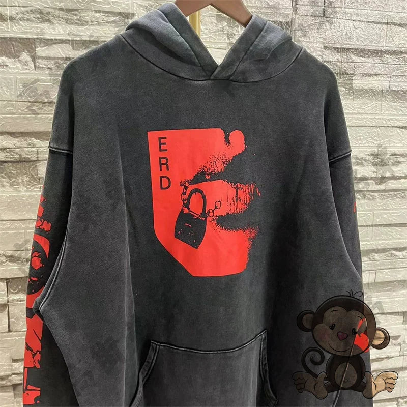 Red letter printed ERD men's hoodie retro pure cotton loose casual sportswear streetwear men