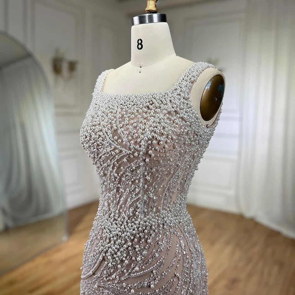 Serene Hill White Nude Spaghetti Strap Mermaid Evening Dresses Gowns Luxury Pearls Beaded For Women Wedding Party 2024 LA72266