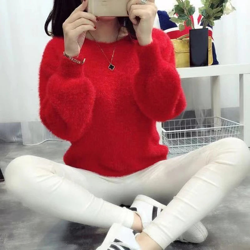 Winter Imitate Mink Wool Hot Flecing Long Puff Sleeve Female O-neck Elastic Casual Sweater Women Knitted Tops Pullovers Solid