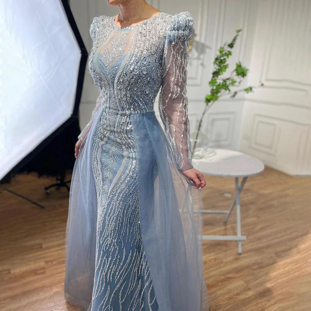 Serene Hill Muslim Blue Mermaid Over Skirt Evening Dresses Beads Puff Shoulder Prom Formal Gowns 2024 For Women Party LA72030