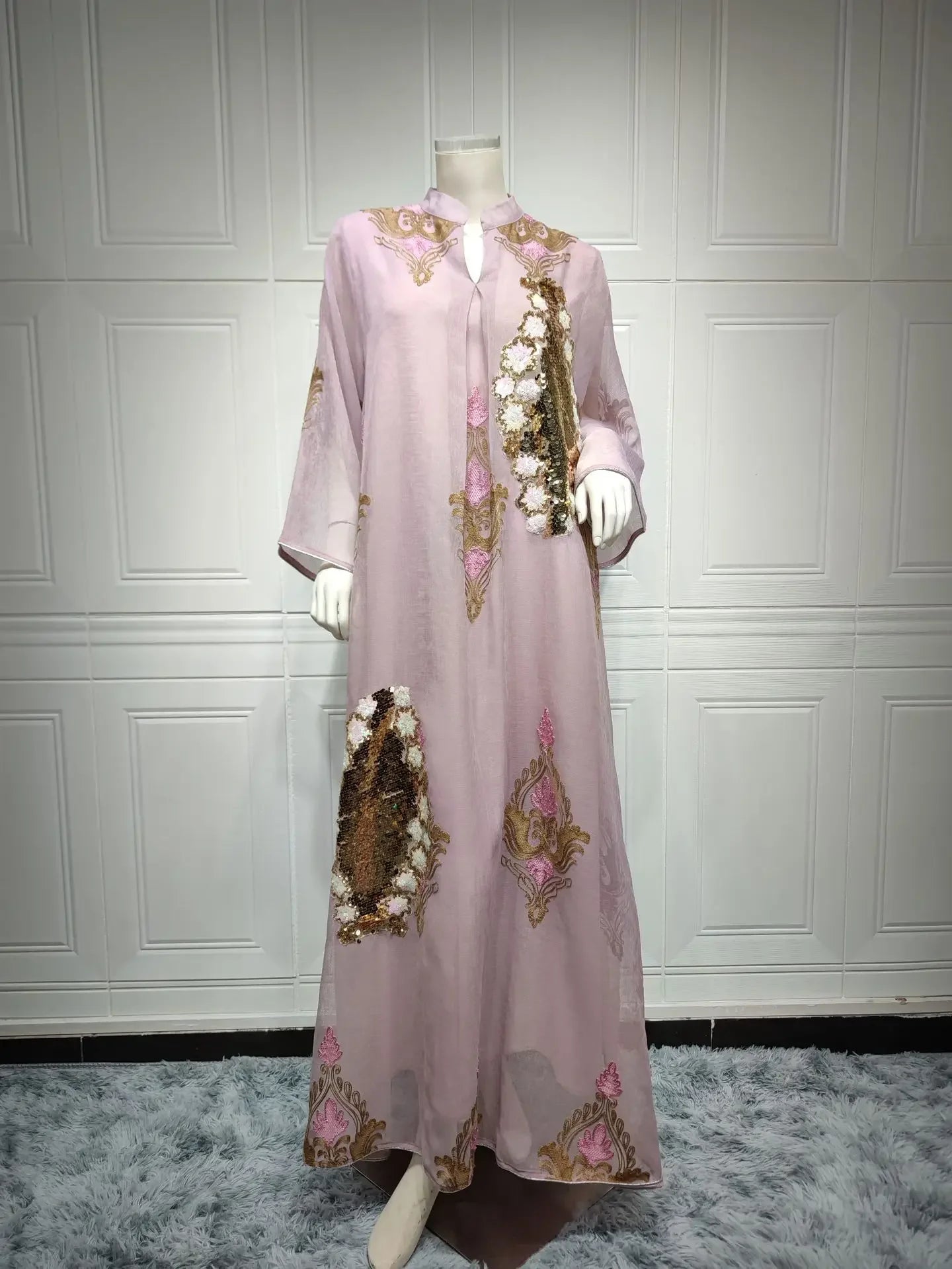 Mesh Sequins Embroidered Abaya Dress for Women Winter 2024 Middle East Arab Oman Dubai Muslim Moroccan Caftan Party Clothes Eid