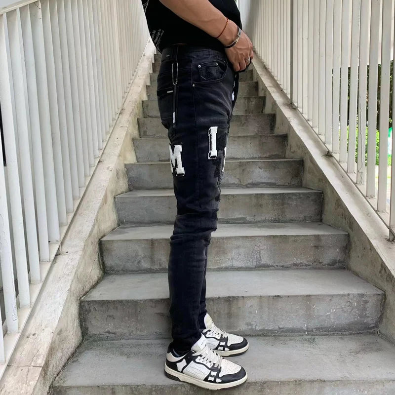 Designer High Street Fashion Men's Retro Black Jeans Stretch Slimming Ripple Jeans Men's Hip Hop Brand Pants Hombre