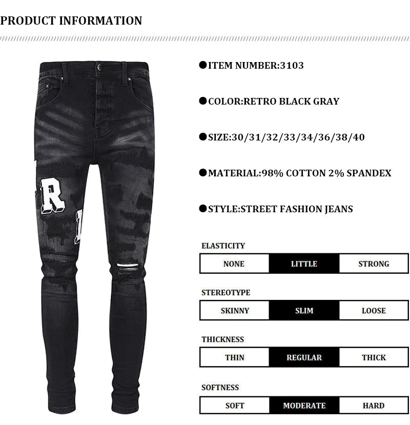 Designer High Street Fashion Men's Retro Black Jeans Stretch Slimming Ripple Jeans Men's Hip Hop Brand Pants Hombre