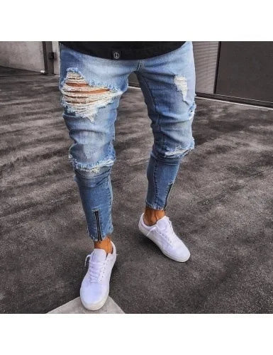 Men's Fashion Street Ripped Jeans, European and American Casual Non-Stretch Zipper At The Ankle Slim Jeans for Autumn S-XXXL