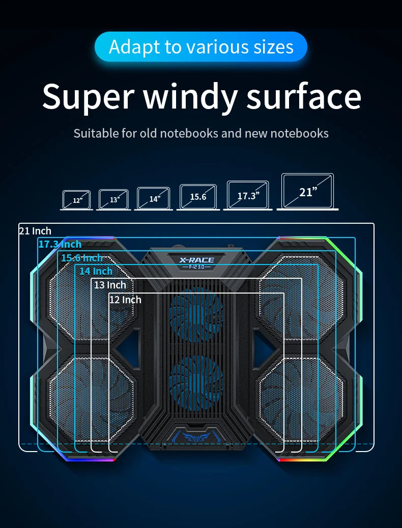 Laptop Cooler Cooling Pad 6 Fans Rgb Laptop Cooling Stand Cooler Radiator Base Notebook Holder with LED Phone Expansion Holder