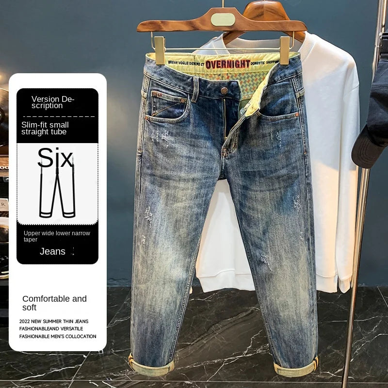 Light Luxury Jeans for Men 2024 Autumn Retro Distressed Casual Trousers Fashion Street Skinny Denim Pants