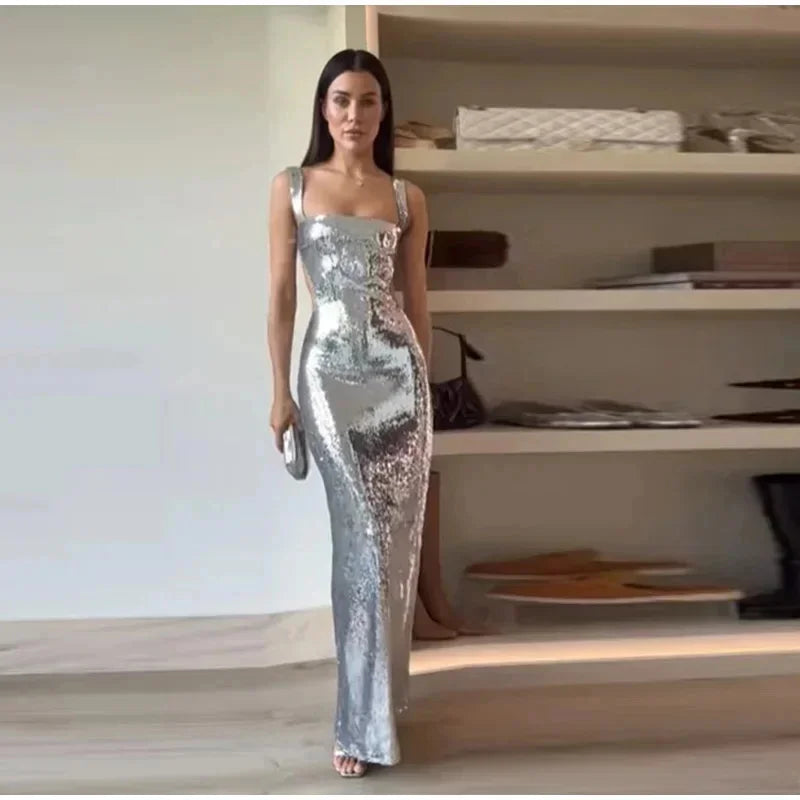 Meshkis Sexy Sling Backless Silvery Maxi Dresses For Women Club Shiny Dress Glittering Sleeveless Robes Evening Party Vestidos