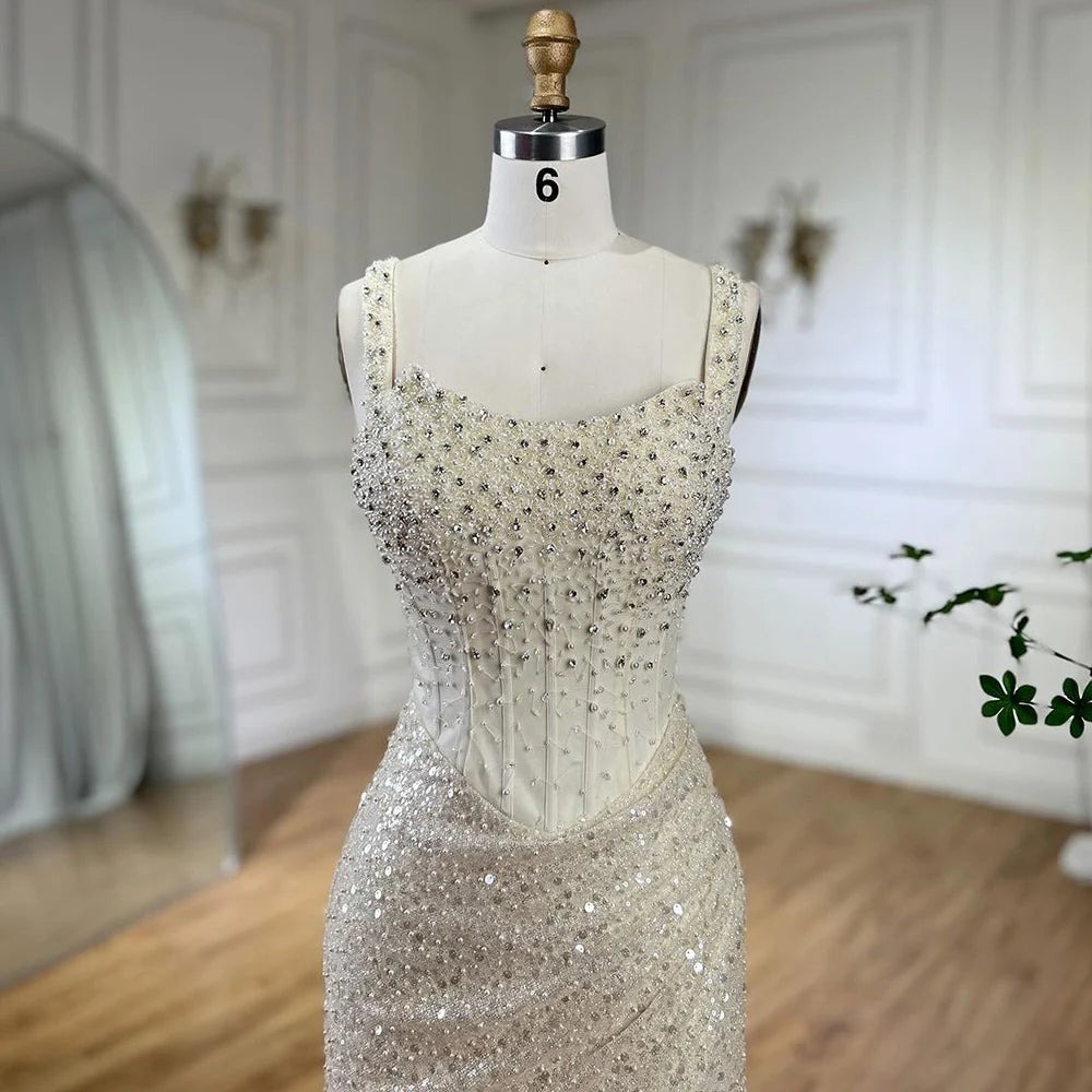 Serene Hill Beige Mermaid Floor Length Evening Gowns Luxury Beaded Crystal Spaghetti Strap Party Drsses For Women 2024 LA72163