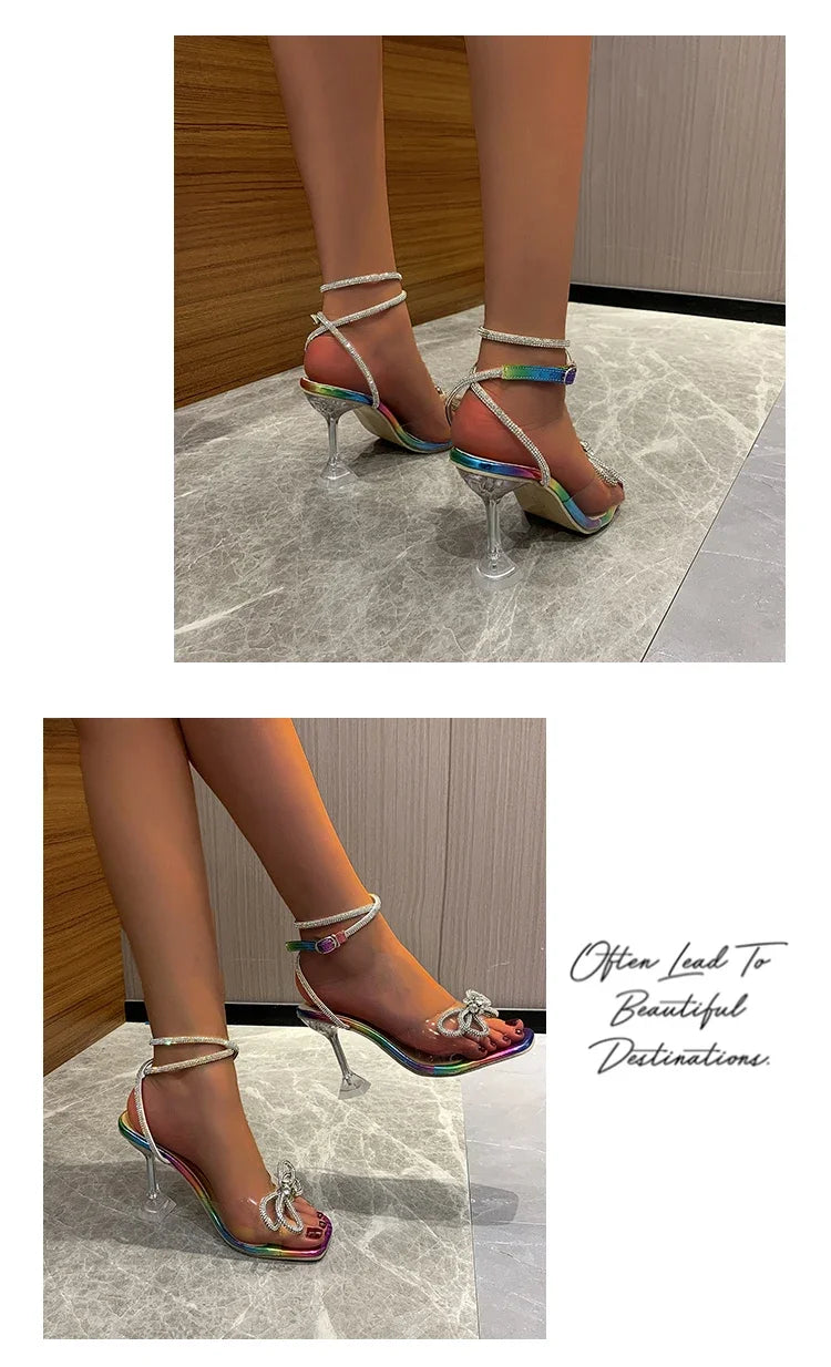 Sexy Rhinestone Bowknot Women's Sandals Jelly Transparent High Heels Summer Ankle Buckle Strap Party Shoe